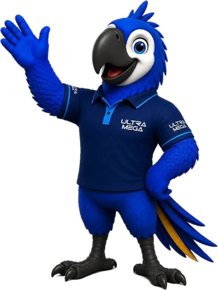MegaBlue, a arara azul da Ultramega, acenando de boas-vindas